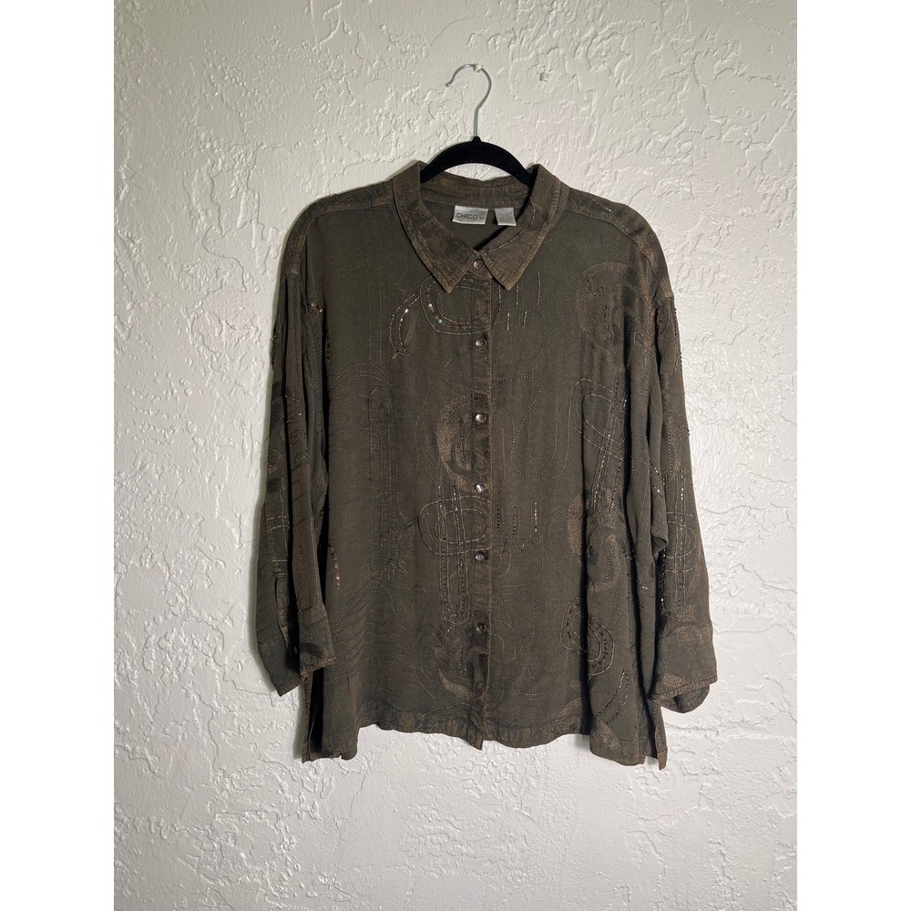 Chico's Rayon Cotton Button Front Shirt Size 3 Brown Embellished Embroidered L